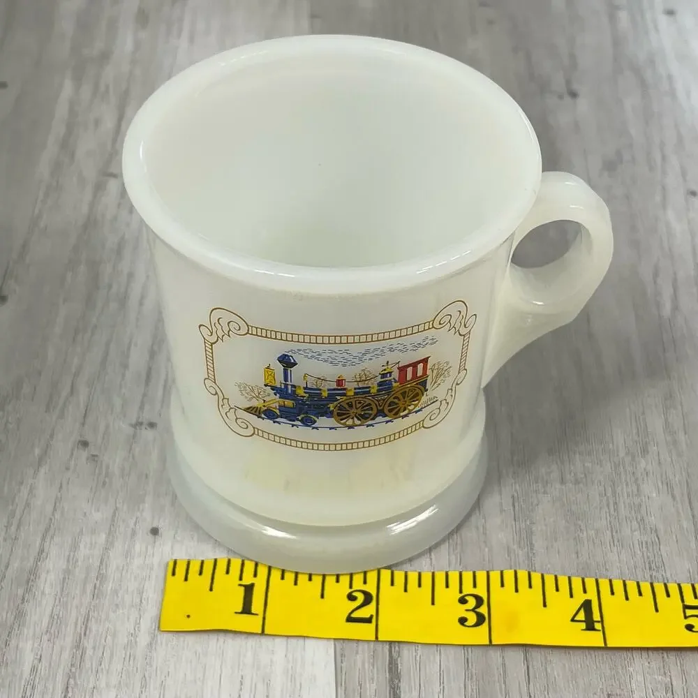 Vintage Avon Milk Glass Shaving Mug 8oz Cup with Train Locomotive Graphic